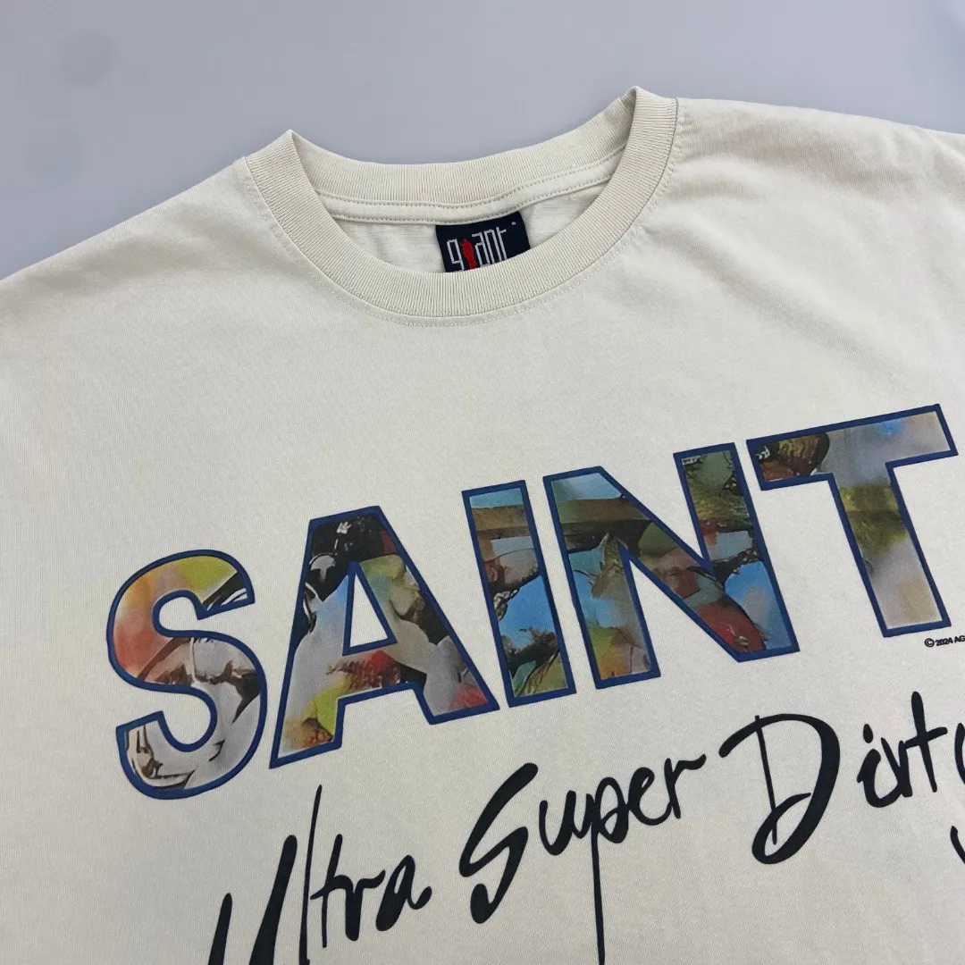 Saint Michael ×TEE SUPER DIRTY new printed cotton loose short sleeves with digital white ink direct printing, the fabric is breathable and the pattern is three-dimensional and clear. Fabric: Double yarn 240g Style number: S826 Size: S-M-L-XL Color: Off-white Price: P110